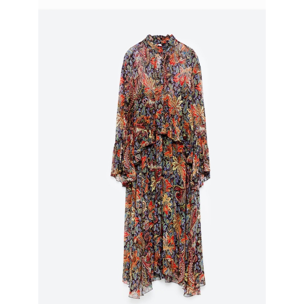 ZARA Long Oversized Ruffle Trim Printed Dress Women's Size XS-S - Picture 5 of 16
